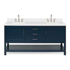 Bayhill 73 in. W x 22 in. D x 36 in. H Bath Vanity in Midnight Blue with Pure Pure White Quartz Top