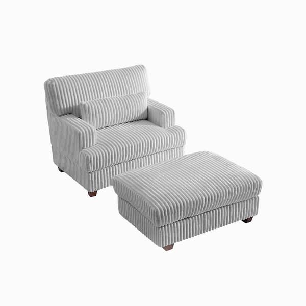 Modern Gray Faux Rabbit Fur Polyester Fabric Upholstered Accent Arm Chair with Ottoman (Set of 1)