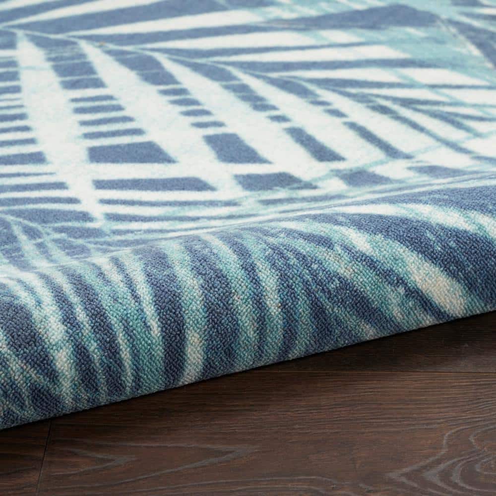 Navy Blue Tropical Leaf Pattern Indoor/Outdoor Rug, 10' x 13'