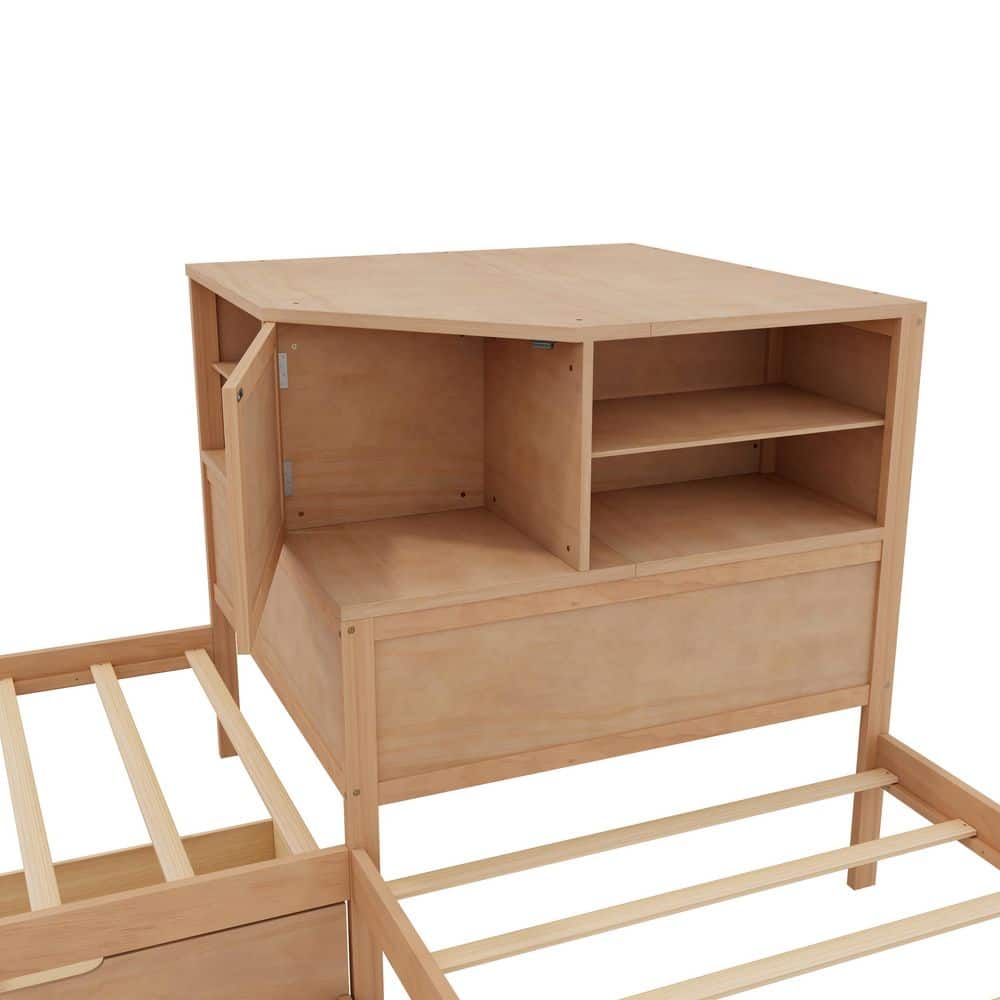 Natural (Yellow) Wood Frame Twin L-shaped Platform Bed with Trundle and Drawers Linked with Built-in Desk and LED - thumbnail 7