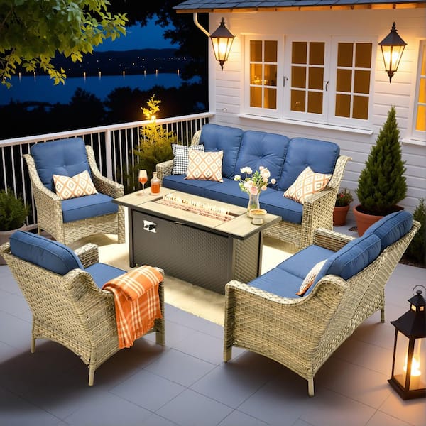 Cherry 5-Piece Wicker Outdoor Fire Pit Furniture Patio Conversation Sofa Set with a Loveseat and Navy Blue Cushions