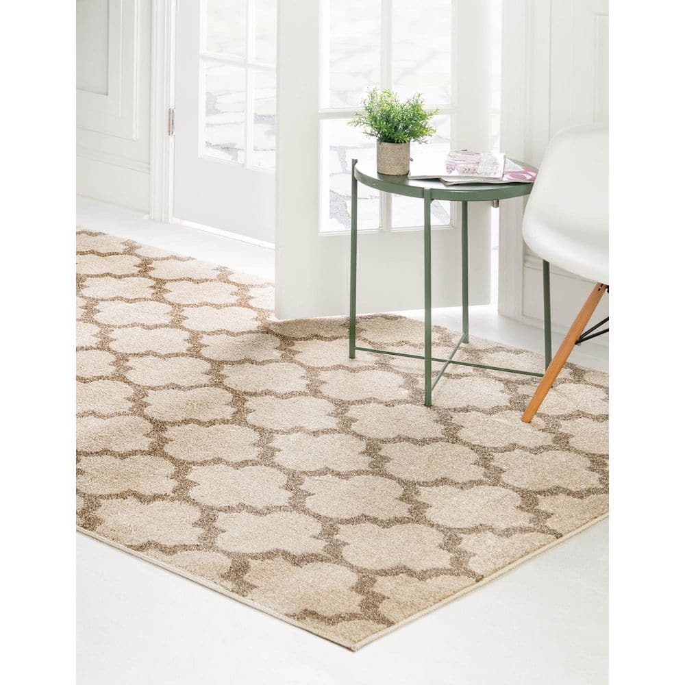 Beige and Light Brown Trellis Synthetic Area Rug