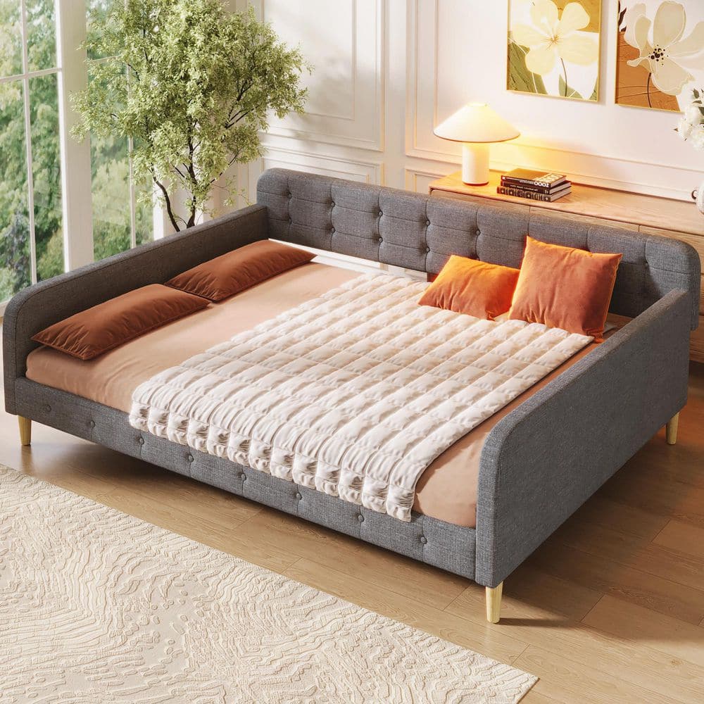 Button-Tufted Gray Wood Frame Queen Size Linen Upholstered Daybed with Support Legs price history on PriceWatchPro