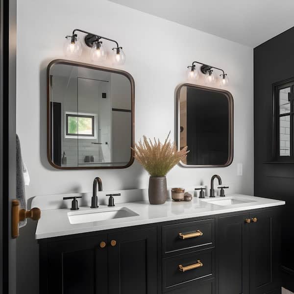 Modern Black Vanity Light 3-Light Linear Classic Bathroom Wall Sconce Mirror Wall Light with Clear Seedy Glass Globes