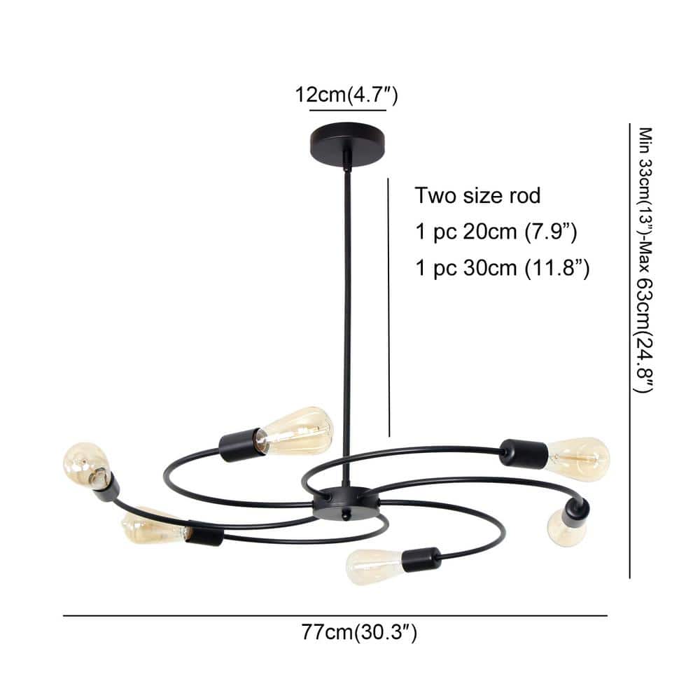 Black Metal 6-Light Sputnik Chandelier with Spiral Design