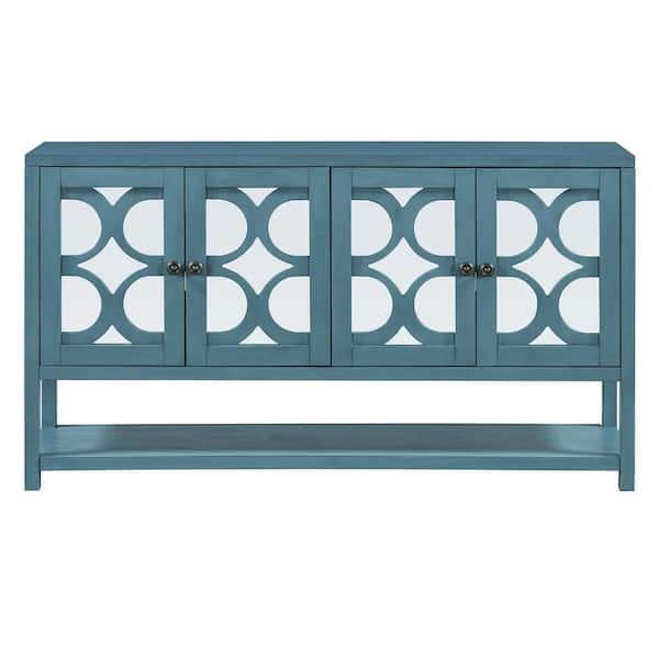 COWLOWN 60 in. W x 15.7 in. D x 33.8 in. H Blue Linen Cabinet with Mirrored Doors, Spacious Shelves, Durable Acacia Wood Legs