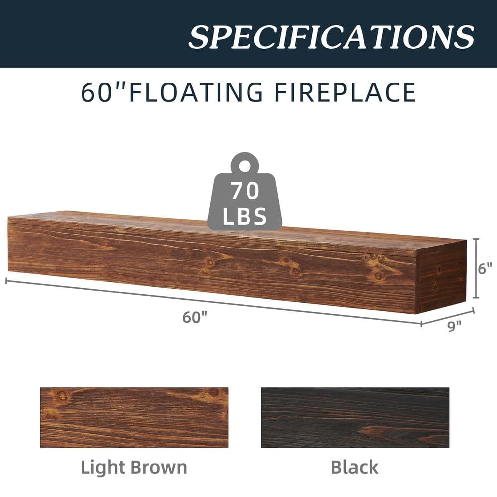 60" Light Brown Cedar Wood Floating Fireplace Mantel