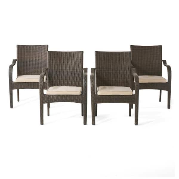 Unbranded 4 Pieces Wicker Outdoor Dining Chair Patio Furniture Chair Accent Chair w/ Khaki Cushions for Lawn Deck Garden Backyard
