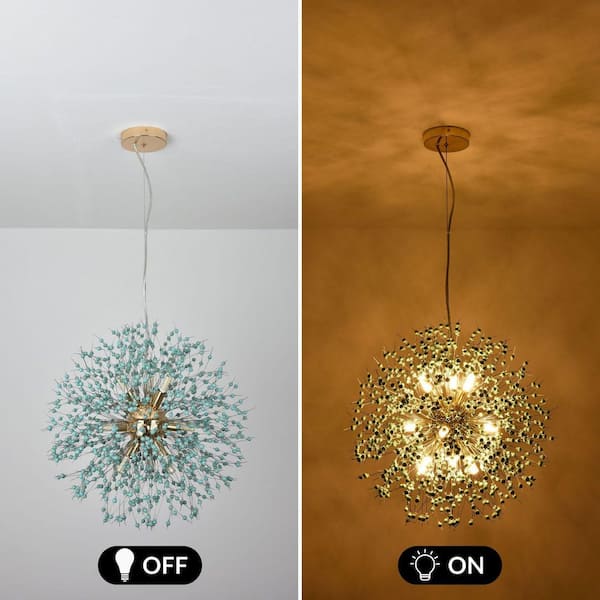 Kinlea 9-Light 19.7 in. Green Modern Firework Chandeliers, Round Sputnik Hanging Light for Island, Dining Room, Hallway