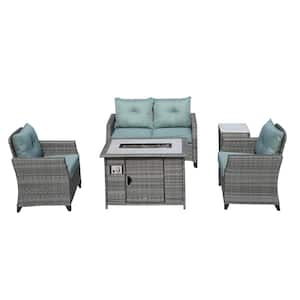 Eunice Gray 5-Piece Rattan Wicker Outdoor Conversation Patio Fire Pit Seating Sofa Set with Celadon Cushions