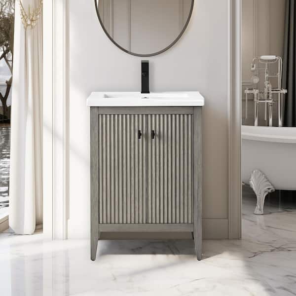 Vanity Art 24 in. W x 18.5 in D x 34 in. H Single Sink Bathroom Vanity Cabinet in Linear Driftwood Gray with Ceramic Top