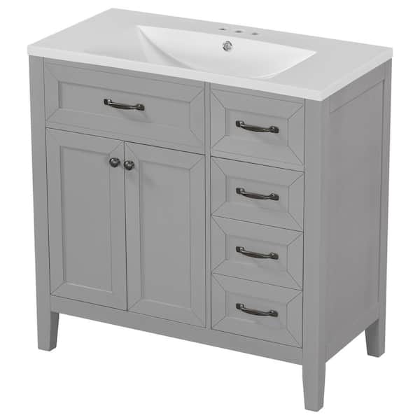 JimsMaison 36 in. W x 18 in. D x 36 in. H Freestanding Bath Vanity in Grey with White Ceramic Top
