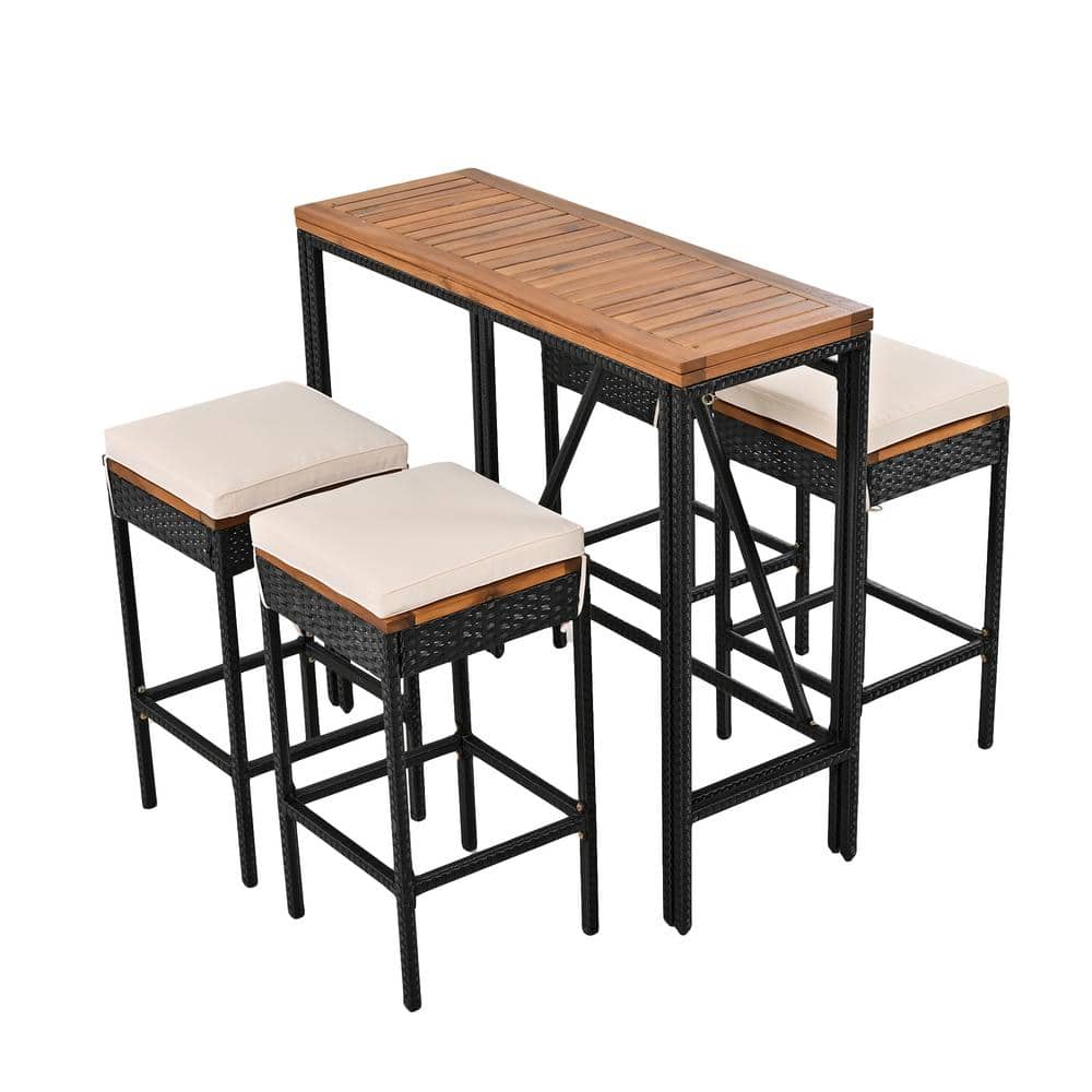 5-Piece Acacia Wood All-Weather Patio Outdoor Dining Set with Bar ...