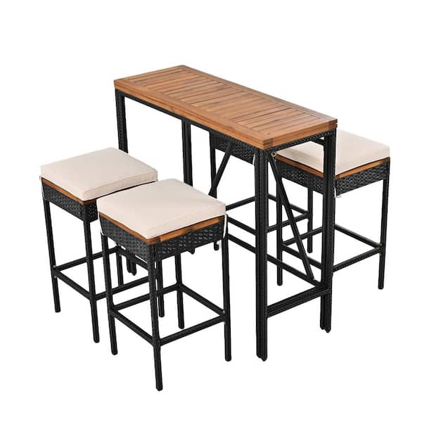 Unbranded 5-Piece Acacia Wood All-Weather Patio Outdoor Dining Set with Bar Height Table, 4 Stools And Beige Cushions