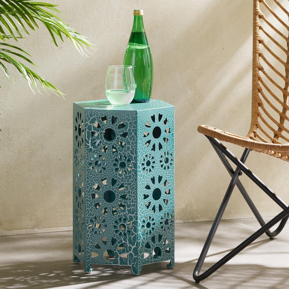 Teal Hexagon Iron Sunburst Outdoor Patio Side Table