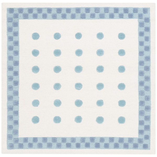 Kids 5 ft. x 5 ft. Ivory/Blue Polka-Dot Border Square Area Rug