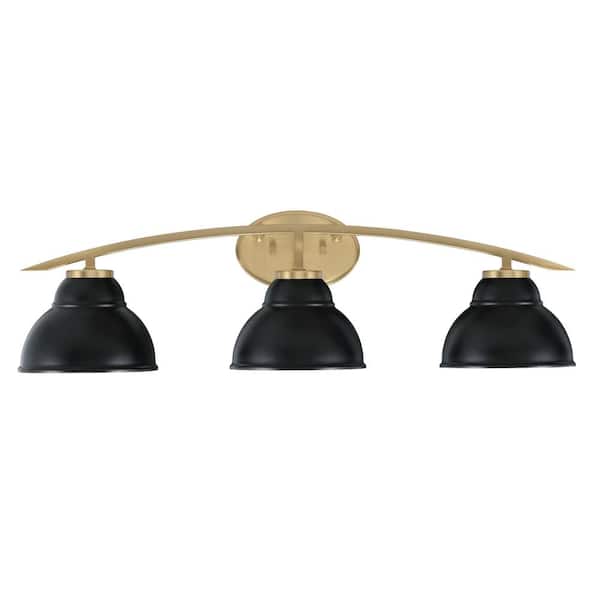 Unbranded Siena 29 in. 3-Light Vanity Light New Age Brass with Matte Black Metal Shades