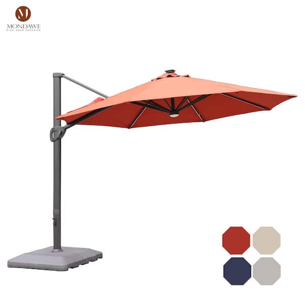 Mondawe 11 ft. Aluminum Solar LED Patio Cantilever Umbrella Outdoor Market Hanging Umbrella with Crank and Base in Red