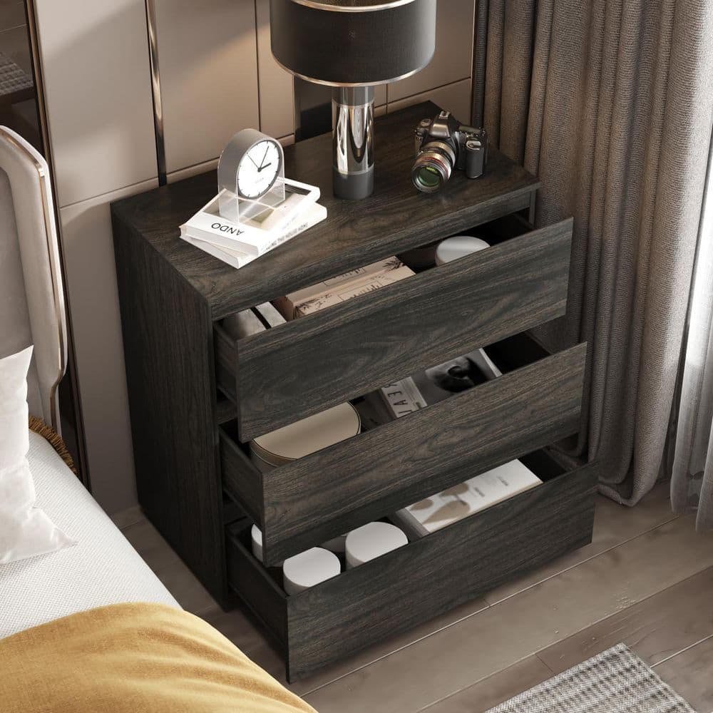 3-Drawer Black Wood Nightstand End Table 30.3 in. W x 32.3 in. H x 15.7 in. D - thumbnail 3