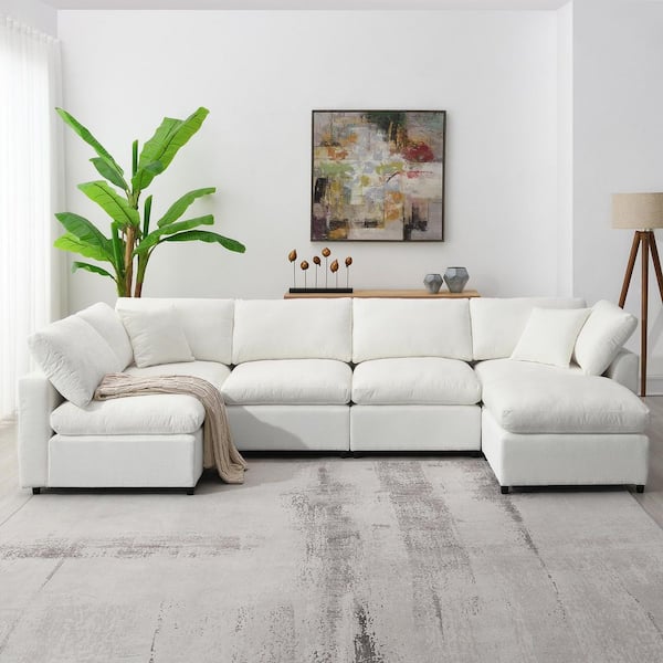 130 in. W Chenille Modular Convertible U-Shaped Sectional Sofa Couch Set in. Beige with Ottoman