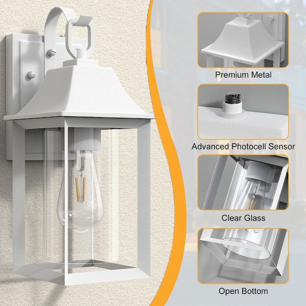Decorators 14 in. E26 White Farmhouse Cylinder Dusk to Dawn Outdoor Hardwired Cylinder Glass Sconce