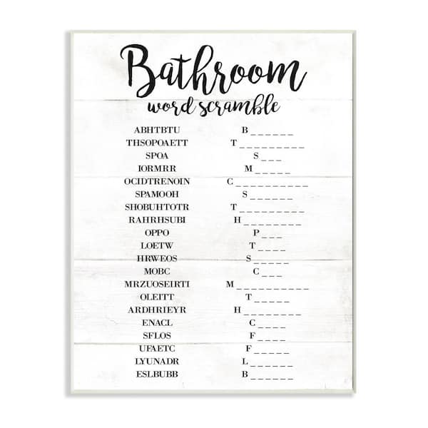 Stupell Industries "Bathroom Word Scramble White And Black Word Design" by Daphne Polselli Wood Abstract Wall Art 19 in. x 13 in.