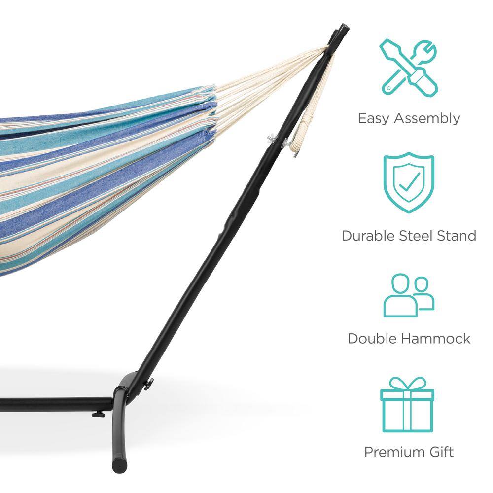 Ocean Blue Striped Cotton Double Hammock with Steel Stand