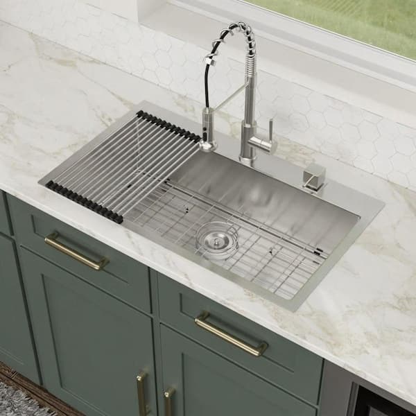 33 in. Drop-In Single Bowl 16 Gauge Brushed Stainless Steel Kitchen Sink with Anti-Noise Rubber Pads