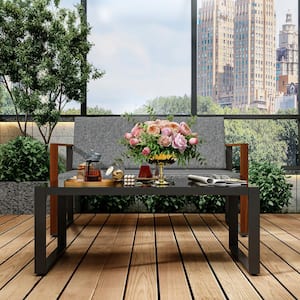 Black & Walnut 2-Piece Metal Patio Conversation Deep Seating Set w/ CushionGuard and Tempered Glass Table, Gray Cushions