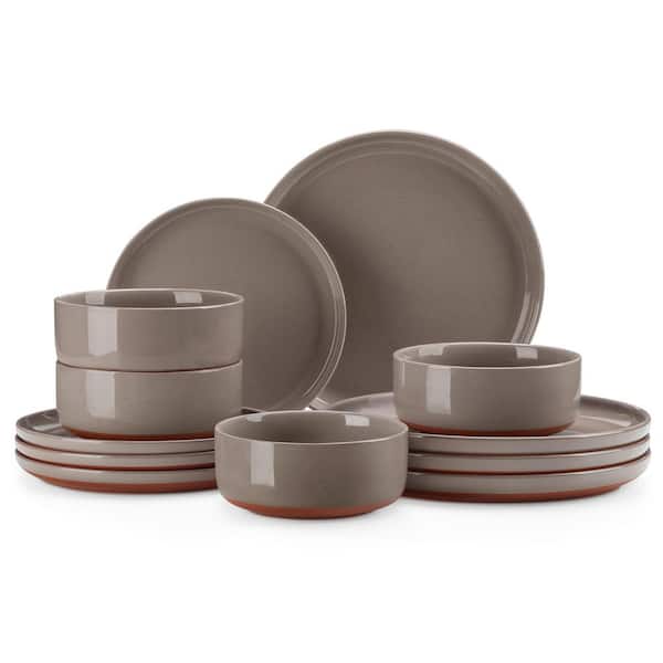 12-Piece Modern Stoneware Brown Ceramic Dinnerware Set (Service for 4), Microwave and Dishwasher Safe