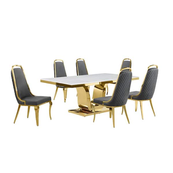 Best Quality Furniture Ada 7-Piece Rectangle White Marble Top With Gold Stainless Steel Dining Set With 6 Dark Grey Velvet Chrome Iron Chairs