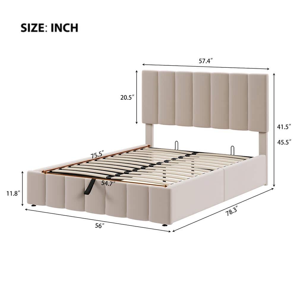 Beige Full Size Upholstered Platform Bed with Hydraulic Storage