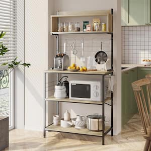 Oak 5-Shelf Wood 31.5 in. Kitchen Baker's Rack with Microwave Oven Stand, Storage Shelves and 8 S-Hooks