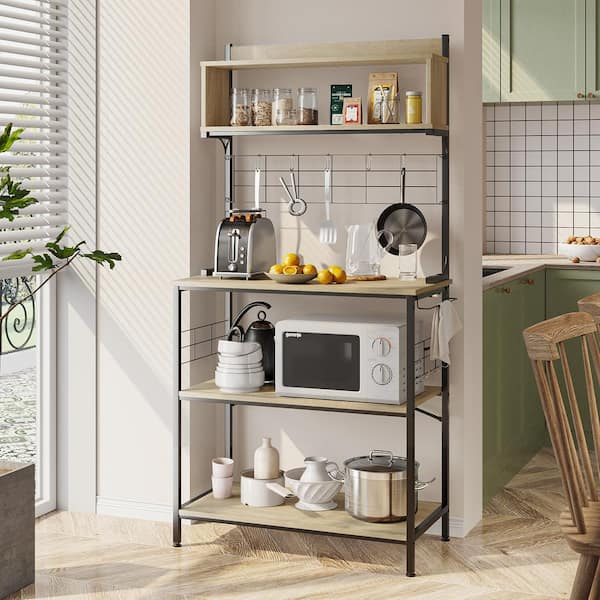 Bestier Oak 5-Shelf Wood 31.5 in. Kitchen Baker's Rack with Microwave Oven Stand, Storage Shelves and 8 S-Hooks