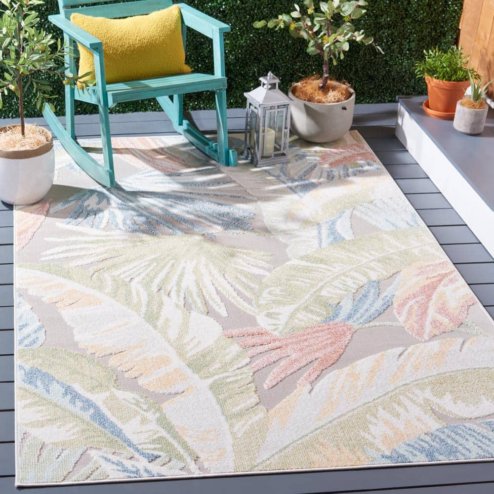 Lush Florals 79'' Square Light Green & Beige Easy-Care Outdoor Rug