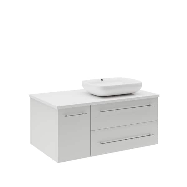 Lucera 36 in. Single Sink Wall Mount White Bath Vanity with White Quartz Top and Vessel Sink - Right Version