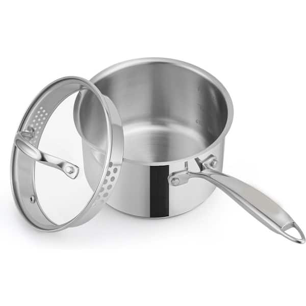Tri-Ply Stainless Steel 2 qt. Nonstick Sauce Pan in Silver with Pour Spout and Glass Lid, Compatible All Stovetops