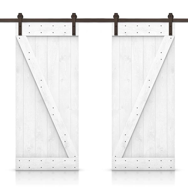 CALHOME Z Bar 60 in. x 84 in. Pre-Assembled White Stained Wood Interior Double Sliding Barn Door with Hardware Kit