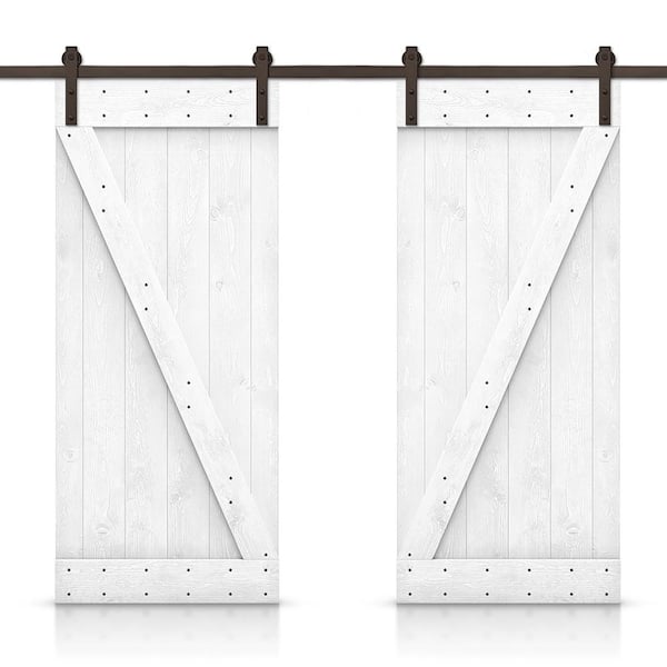 CALHOME Z Bar 76 in. x 84 in. Pre-Assembled White Stained Wood Interior Double Sliding Barn Door with Hardware Kit