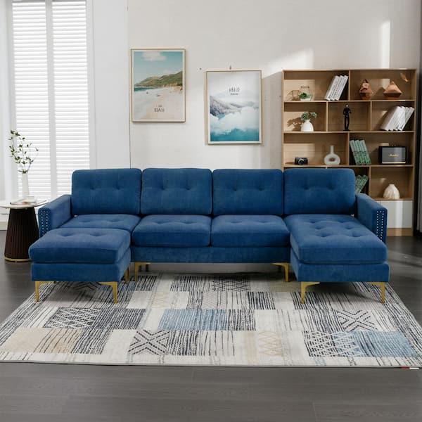 110.6 in. Square Arm Velvet L-Shaped Sofa in Blue with Movable Ottoman
