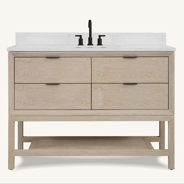 Solid Wood Contemporary 48 in. Freestanding Whitewashed Oak Bath Vanity with White Artificial Stone Top Unassembled