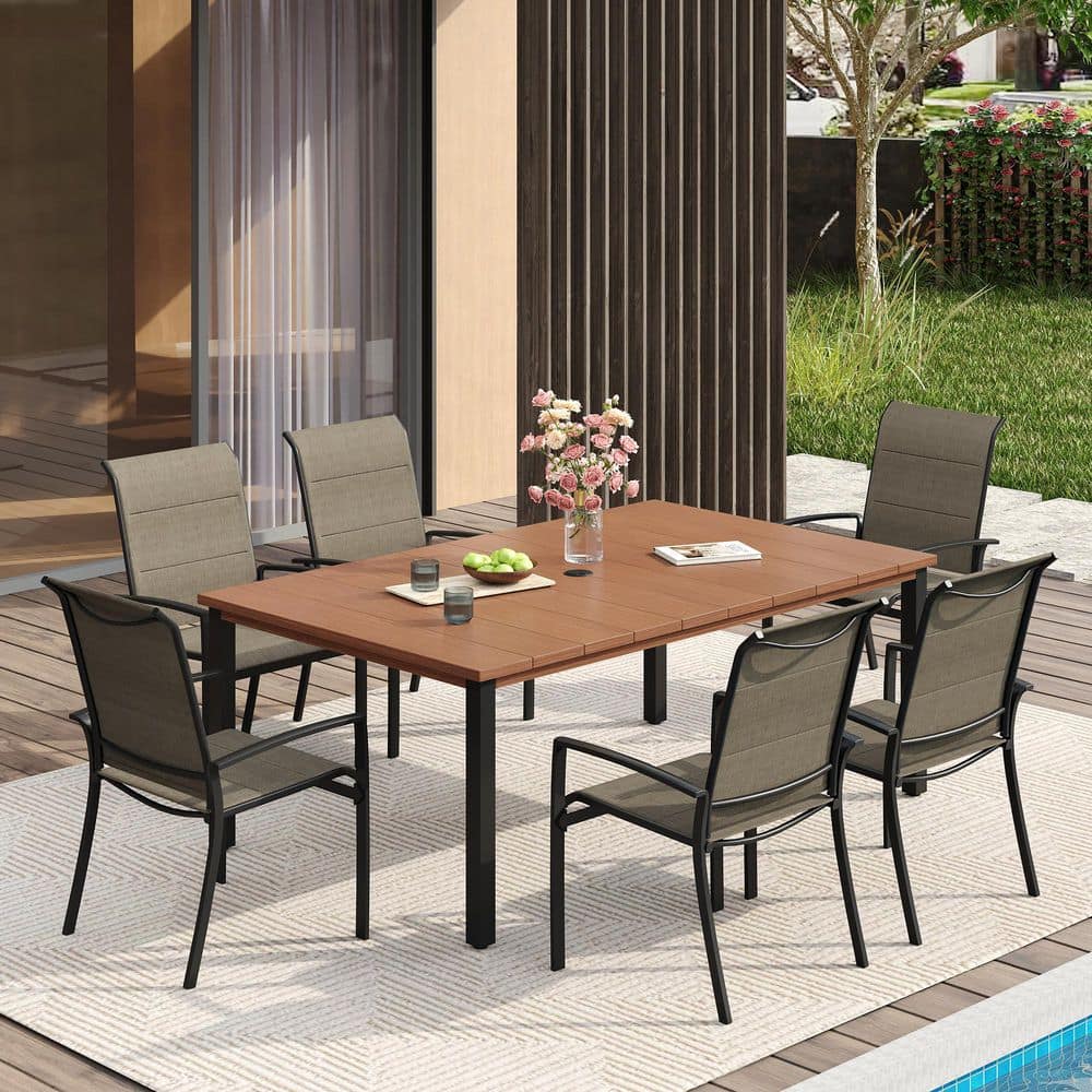 7 Piece Metal Outdoor Dining Set with 63 in. Walnut Rectangle Table and 6 Stackable Textilene Dining Chairs in Brown