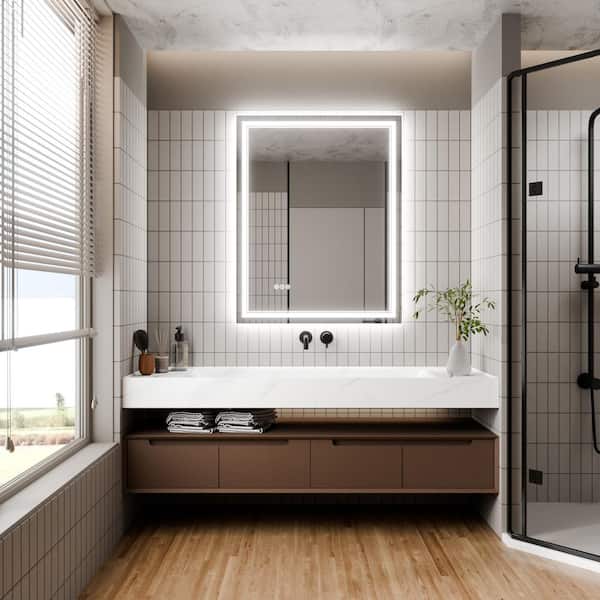 Sarlai 32 in. W x 40 in. H Rectangular Frameless 3 Color Temperature LED Light Wall Bathroom Vanity Mirror in White