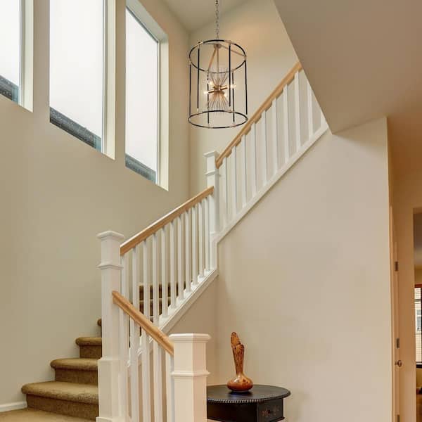 Modern 4-Light Matte Black & Gold Drum Chandelier for Farmhouse Dining Room, Foyer, Living Room with Metal Frame Shade