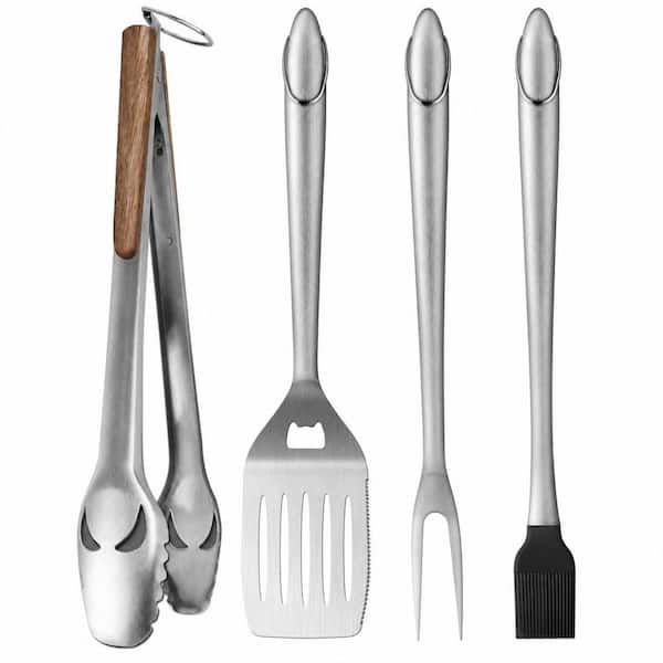 4-Piece BBQ Tools, Grill Tools Set, Grill Accessories with BBQ Tongs, Spatula, Fork and Brush, BBQ Accessories