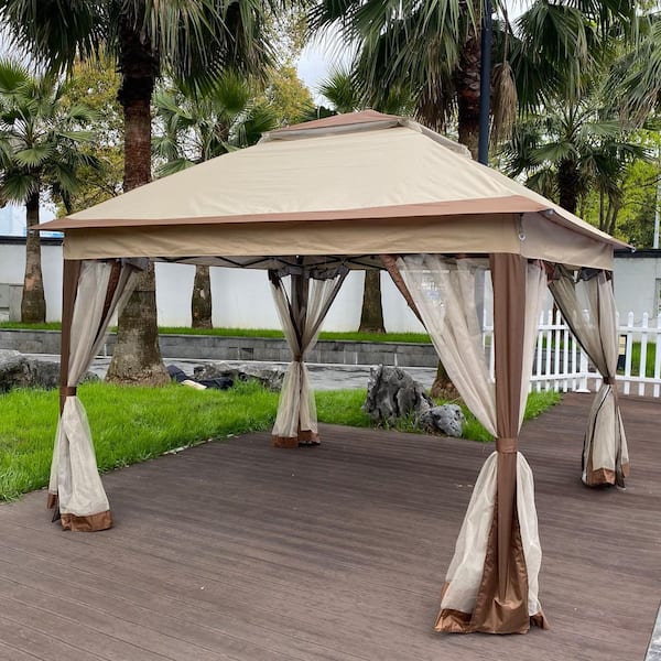 11 ft. x 11 ft. Coffee Pop-Up Gazebo Canopy with Removable Zipper 12-Tier Soft Top Event Tent with Mosquito Net