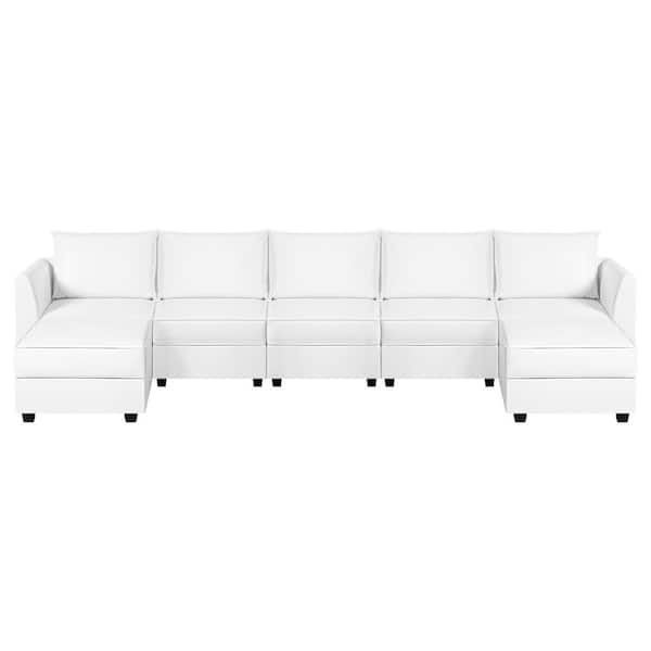 138.59 in. Modern 5-piece Faux Leather U-Shaped Sectional Sofa in. Bright White with Sofa Bed and 2 Ottomans