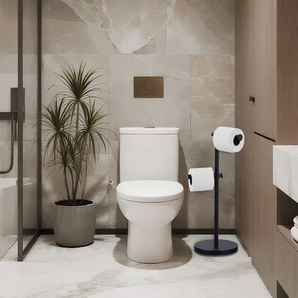 Free Standing Stainless Steel Toilet Paper Holder With Weighted Base and Reserve Storage for 2 Rolls in Matte Black