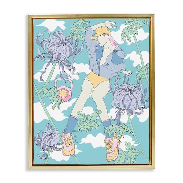 Weight Trainer and Chrysanthemums by Melissa Wang Gold Floater Frame People Graphic Art Print 31 in. x 25 in.