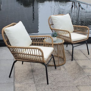 3-Piece Outdoor Wicker Steel Patio Balcony Chair Set with Beige Cushion Round Glass Table